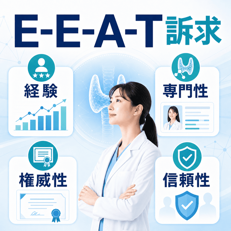 広域・専門性・長期管理の3つの視点から、甲状腺診療のLLMO戦略の全体像を整理した図
