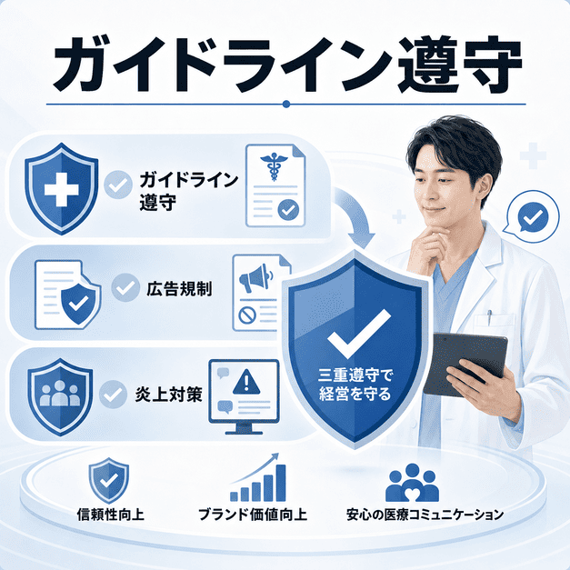 医療広告ガイドライン、Xポリシー、炎上対策を守りながら甲状腺専門クリニックの信頼を高めるイラスト