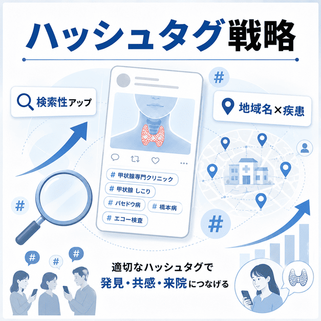 甲状腺専門クリニックがハッシュタグと検索性を活用してリーチを広げる様子を示したイラスト