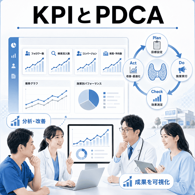 甲状腺専門クリニックのX運用成果をKPIとPDCAで分析・改善する様子を示したイラスト