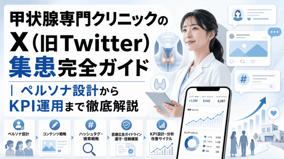 甲状腺専門クリニックがXを活用して集患するためのペルソナ設計やKPI運用を示したメインビジュアル