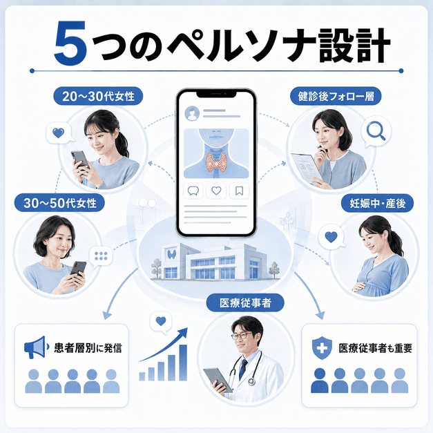 甲状腺専門クリニックのX運用で重要な5つの患者・医療従事者ペルソナを整理したイラスト