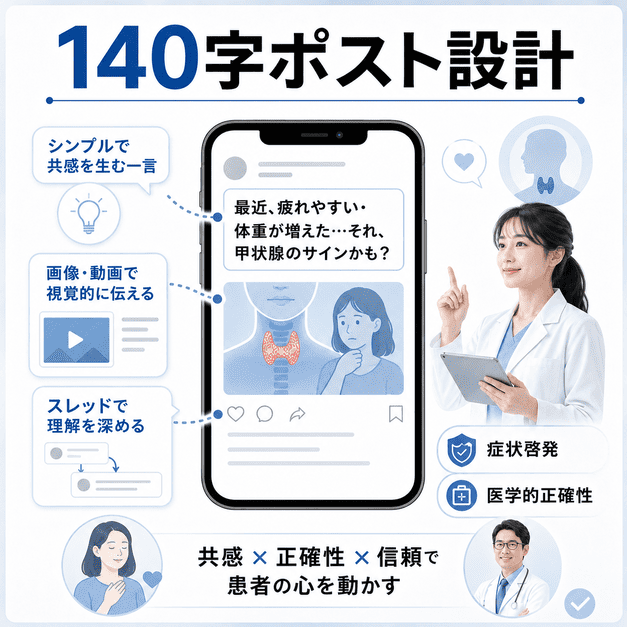 甲状腺症状の啓発と医学的正確性を両立した140字ポスト設計を表したイラスト