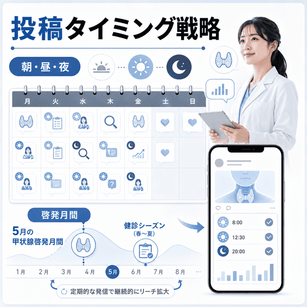 甲状腺啓発月間や健診シーズンに合わせたX投稿タイミング戦略を示したイラスト