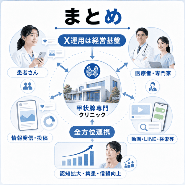 甲状腺専門クリニックのX運用を中心に患者、医療者、各SNS導線が連携する全体像を示したまとめイラスト