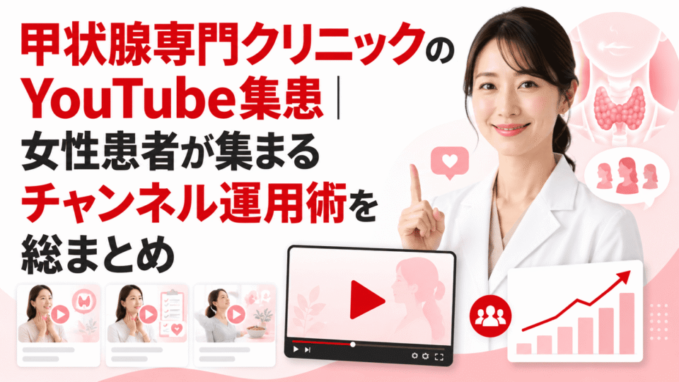 甲状腺専門クリニックのYouTube集患をテーマに、女性患者への情報発信や動画運用、来院につながる導線を表したアイキャッチ画像