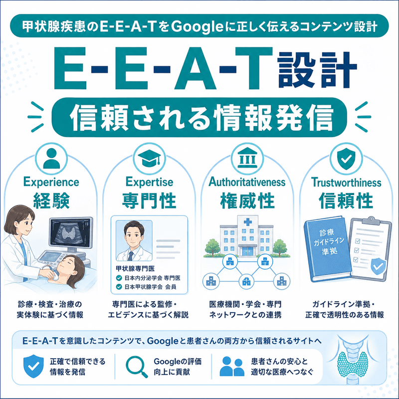 経験・専門性・権威性・信頼性の4要素から、甲状腺疾患のE-E-A-TをGoogleに正しく伝える考え方をまとめた図