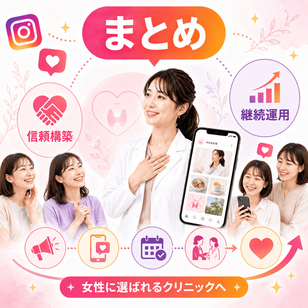 Instagram集患を通じて甲状腺専門クリニックと女性患者の信頼関係を築くまとめイラスト