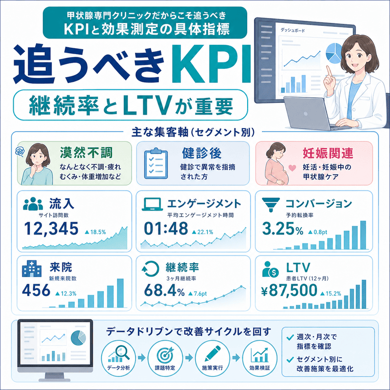 漠然不調・健診後・妊娠関連の集客軸ごとに、流入・来院・継続率・LTVなどのKPIを整理したダッシュボード風の図