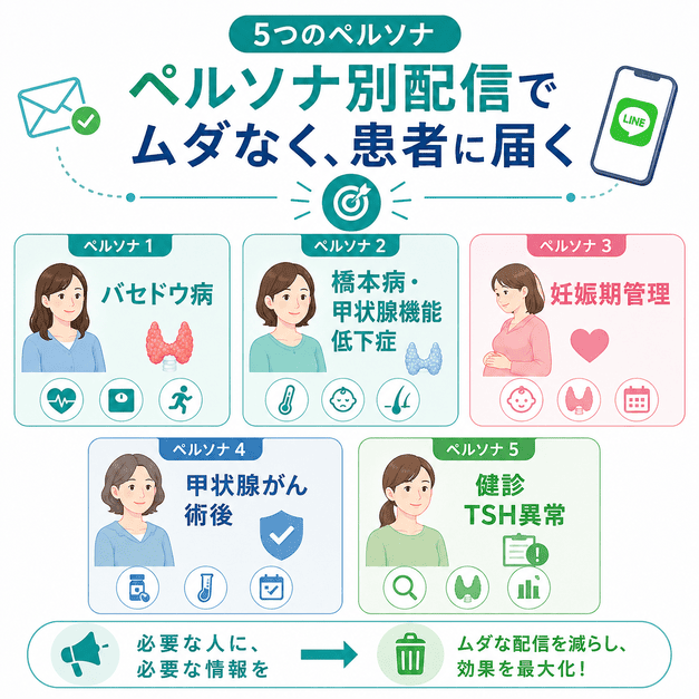 バセドウ病、橋本病、妊娠期管理、術後管理、健診TSH異常の5つの患者ペルソナを分類するイメージ
