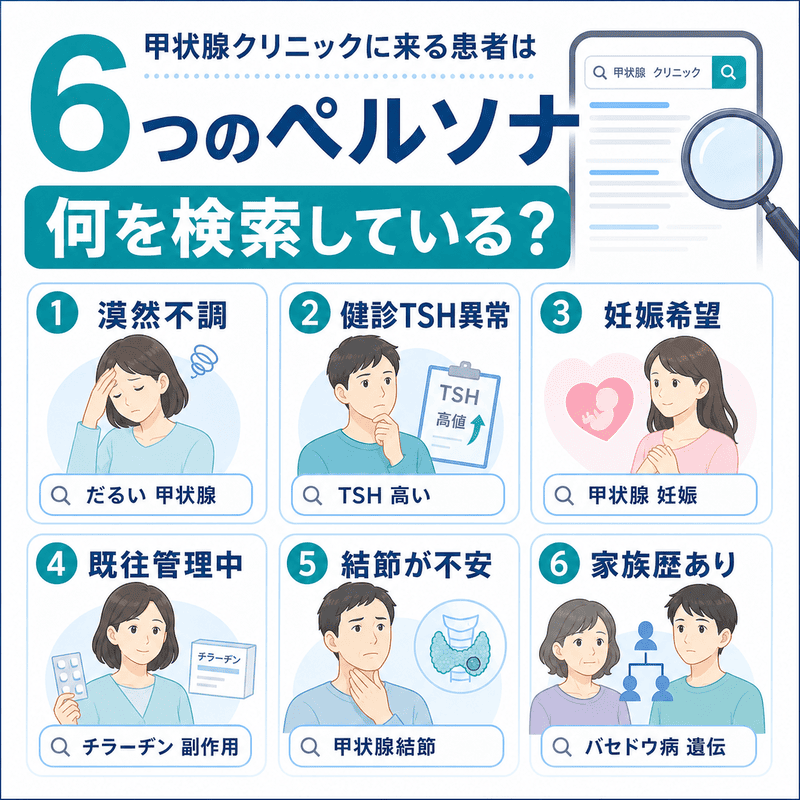 甲状腺クリニックに来る患者の検索意図を、漠然不調・健診TSH異常・妊娠希望など6つのペルソナに分けて示した図