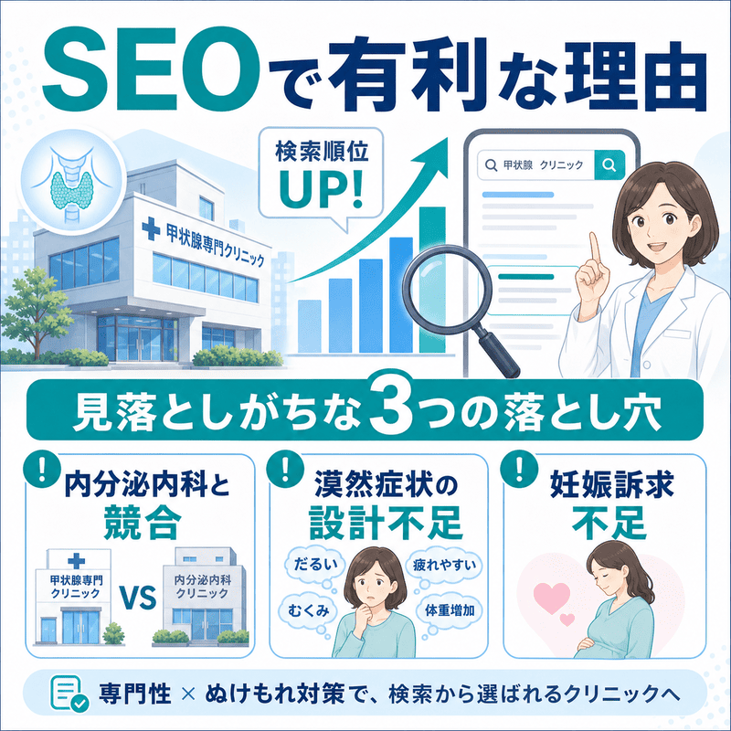 甲状腺専門クリニックがSEOで有利な理由と、内分泌内科との競合・漠然症状ページの設計不足・妊娠訴求不足という3つの落とし穴を整理した図