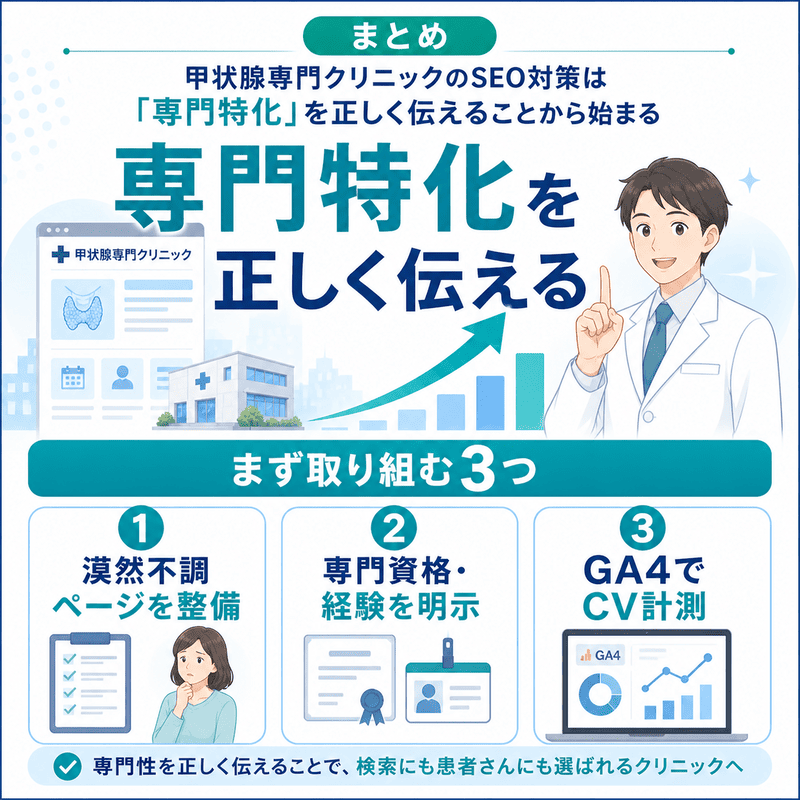 甲状腺専門クリニックのSEO対策は専門特化を正しく伝えることが重要であり、まず取り組む3つのアクションを示したまとめ図