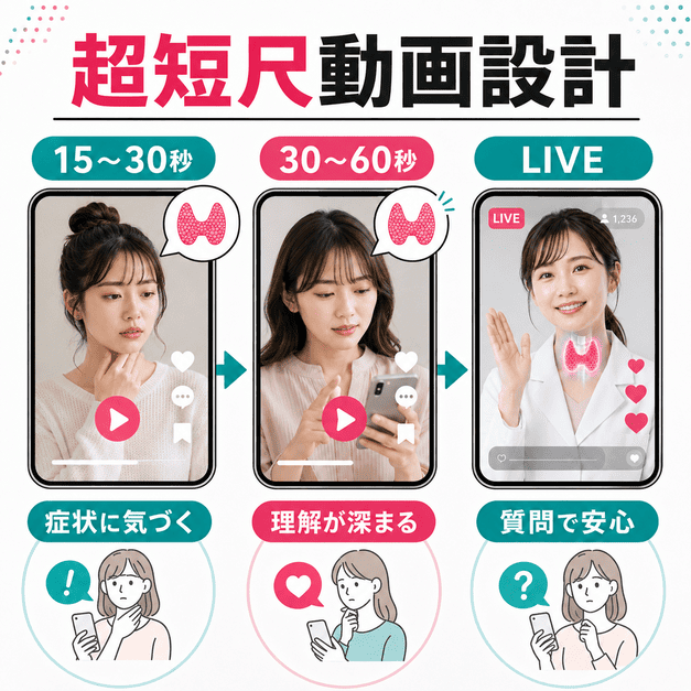15秒から60秒の短尺動画とライブ配信を使い分けて甲状腺情報を届ける設計を表したイラスト