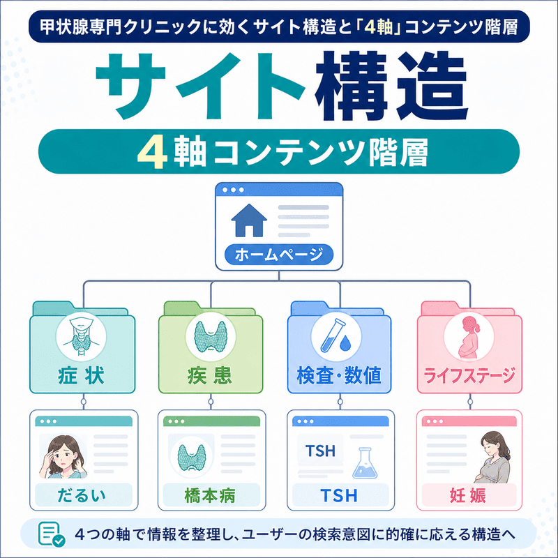 甲状腺専門クリニックのサイト構造を、症状・疾患・検査数値・ライフステージの4軸で整理したサイト設計図