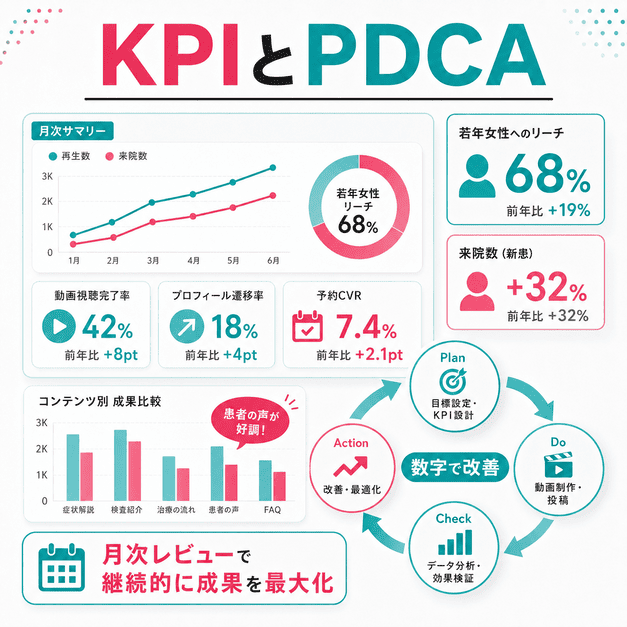 甲状腺専門クリニックのTikTok運用成果をKPIとPDCAで継続改善するダッシュボード風イラスト