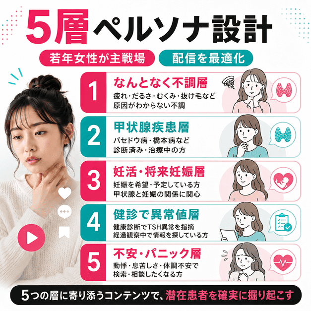 甲状腺専門クリニックのTikTok運用で想定する5層の若年女性ペルソナを整理したイラスト