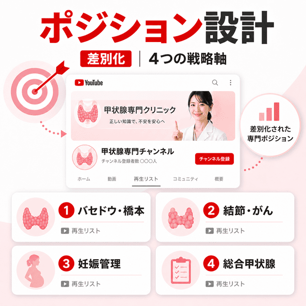 甲状腺専門YouTubeチャンネルの差別化ポジションと4つの戦略軸を整理したイラスト