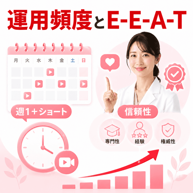 投稿頻度、配信タイミング、E-E-A-T訴求によって甲状腺専門YouTubeの信頼性と再生数を伸ばす様子を示したイラスト