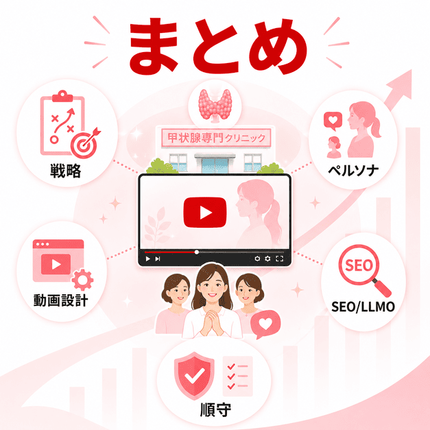 甲状腺専門クリニックのYouTube集患に必要な戦略、ペルソナ、動画設計、SEO、ガイドライン順守をまとめたイラスト