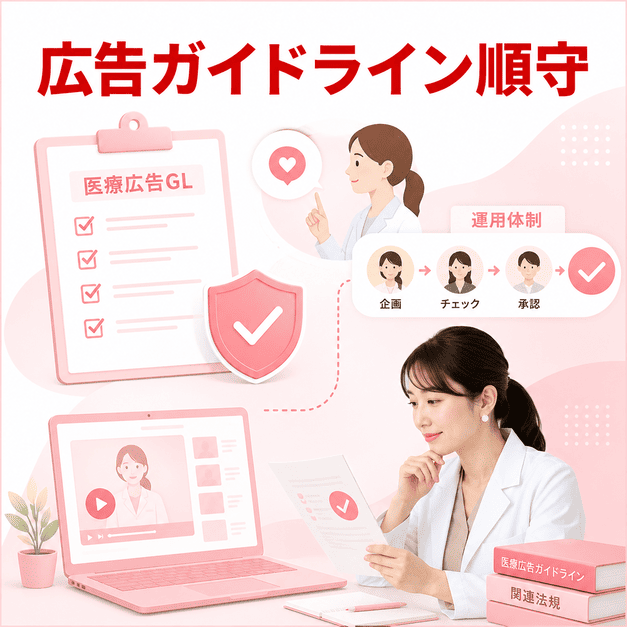 医療広告ガイドラインとYouTube独自ポリシーを守るためのチェック体制や運用フローを示したイラスト