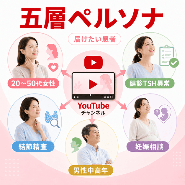 20〜50代女性、健診TSH異常、結節精査、妊娠相談、男性中高年の五層ペルソナを示したイラスト