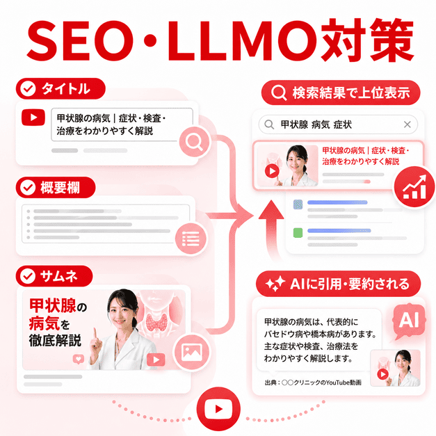YouTube動画のタイトル、概要欄、サムネイルを最適化しSEOとLLMO対策につなげる流れを示したイラスト
