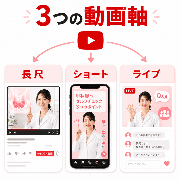 甲状腺専門クリニックのYouTube運用における長尺動画、ショート動画、ライブ配信の3軸を示したイラスト