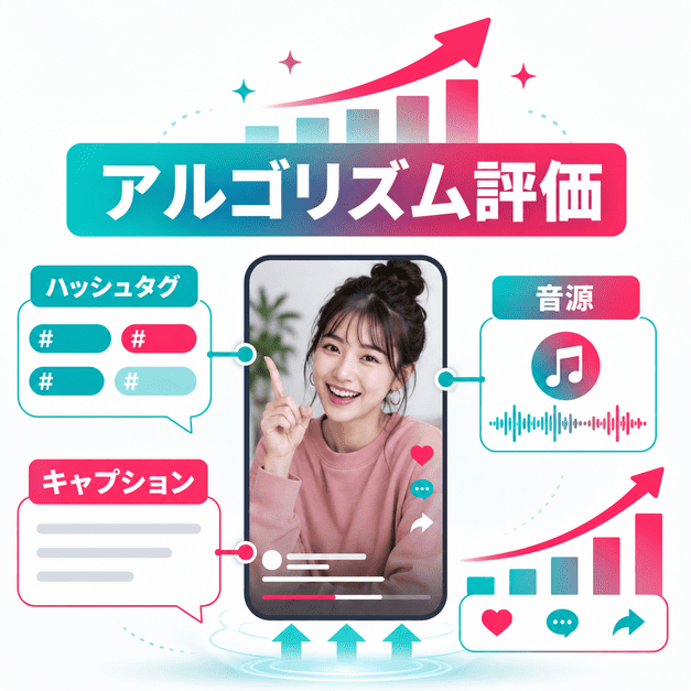 ハッシュタグ・キャプション・音源を活用してTikTokのアルゴリズム評価を高める様子を表したイラスト
