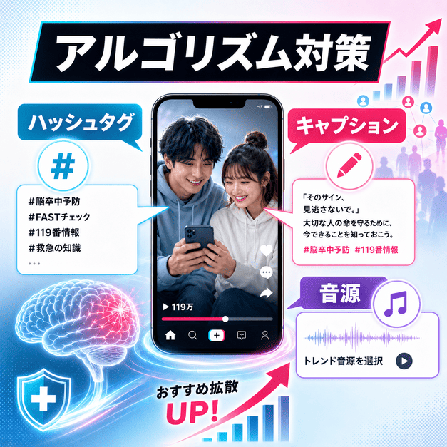 ハッシュタグ、キャプション、音源を活用してTikTokのアルゴリズム対策を行うイメージ