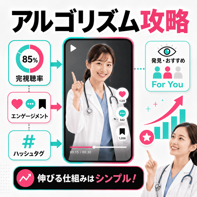 TikTokのアルゴリズム攻略を、完視聴率、エンゲージメント、ハッシュタグ、For You表示の流れで示したイラスト