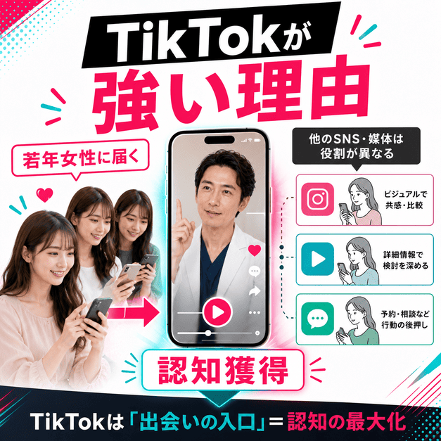 美容外科クリニックがTikTokで若年女性に認知を広げる理由をスマホ動画とSNS導線で示したイラスト