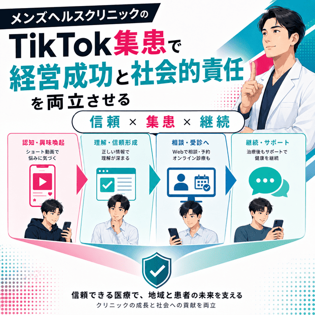 TikTok集患から相談、受診、継続支援までをつなぎ、経営成功と社会的責任を両立する流れを示したイラスト