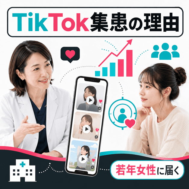 医師と若年女性、スマートフォン動画、成長グラフでTikTokがリウマチ・膠原病科の集患に有効な理由を示すイラスト