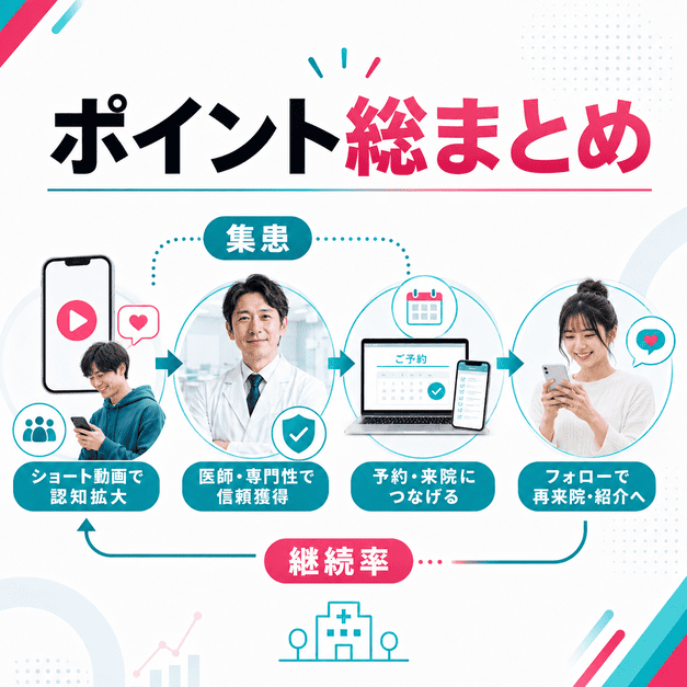 TikTokで認知を広げ、医師への信頼、予約、再来院につなげる健診クリニック集患の流れをまとめたイラスト
