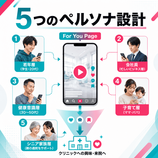 健診クリニックのTikTok運用で、若年層や会社員、子育て層など5つのペルソナを設計する様子を表したイラスト