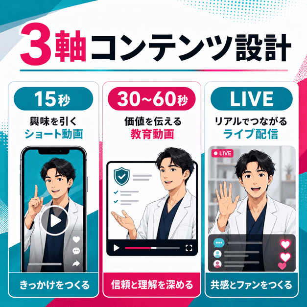 15秒動画、30〜60秒の教育動画、TikTok LIVEを使い分けるコンテンツ設計を示したイラスト