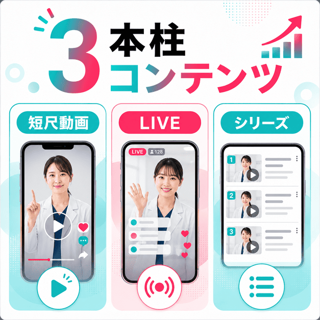 短尺動画・LIVE配信・シリーズ動画の3本柱で医療系TikTokコンテンツを設計する様子を表したイラスト