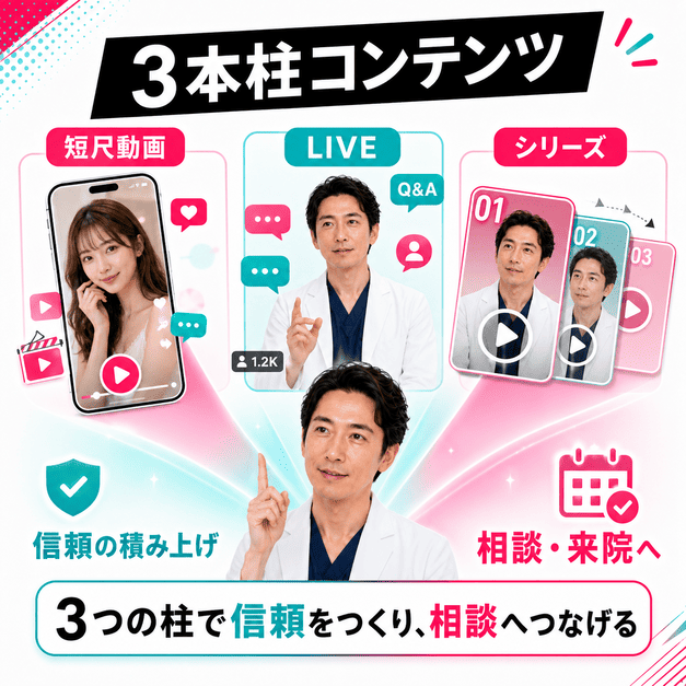 短尺動画、TikTok LIVE、シリーズ動画の3本柱で患者の信頼を高める流れを示したイラスト
