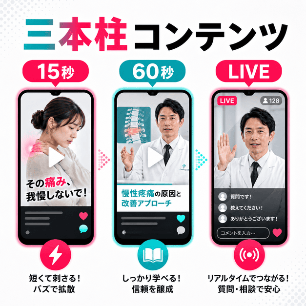 15秒動画、60秒教育動画、LIVE配信の三本柱でペインクリニックのTikTok動画を構成する様子を表したイラスト