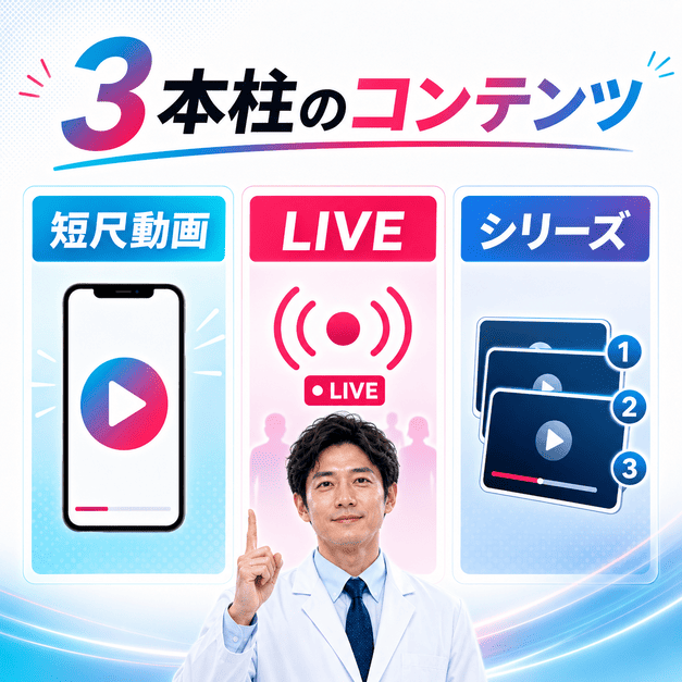 短尺動画、LIVE配信、シリーズ動画の3本柱でTikTokコンテンツを組み立てるイメージ
