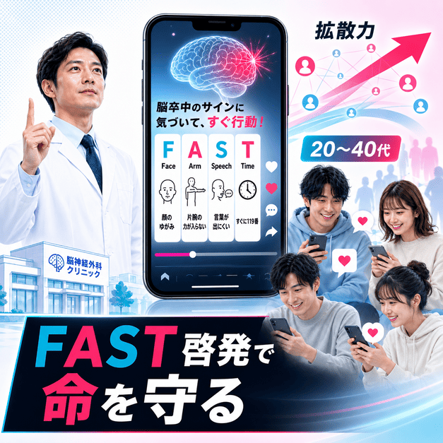 TikTokを通じて20代から40代へ脳卒中のFAST啓発を届けるイメージ