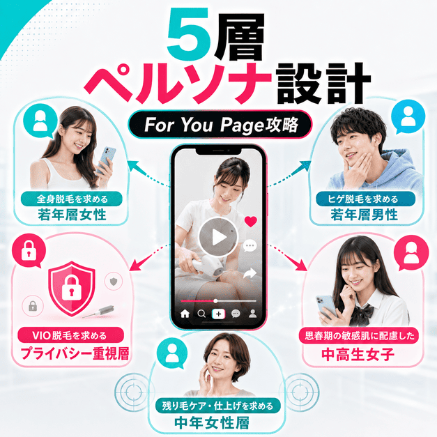 若年女性、若年男性、VIO脱毛検討層、思春期女性、中年女性の五層ペルソナを分けて配信する設計を示したイラスト