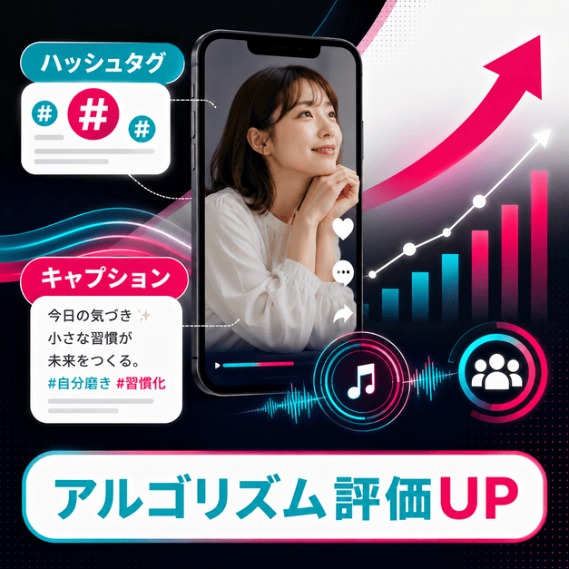 ハッシュタグ、キャプション、音源を活用してTikTok動画のアルゴリズム評価を高める流れを示したイラスト