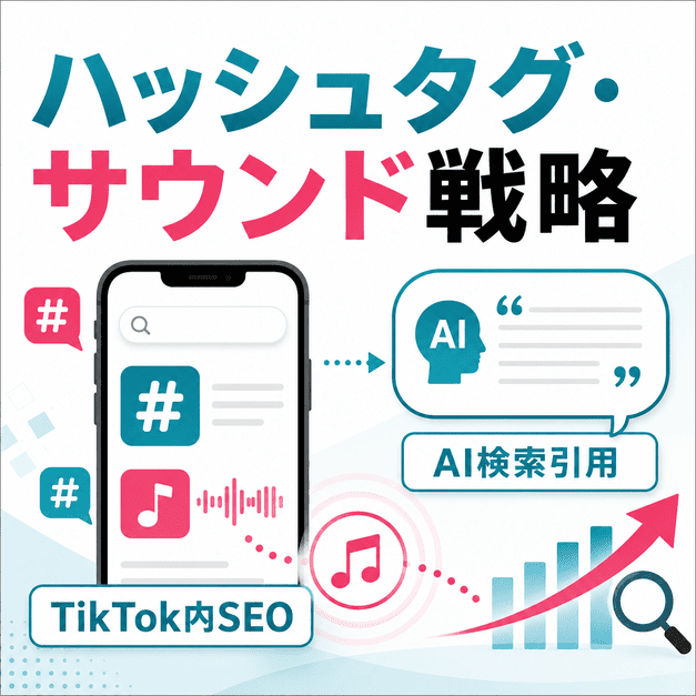 ハッシュタグ、サウンド、TikTok内SEO、AI検索引用を組み合わせた流入獲得戦略を示したイラスト