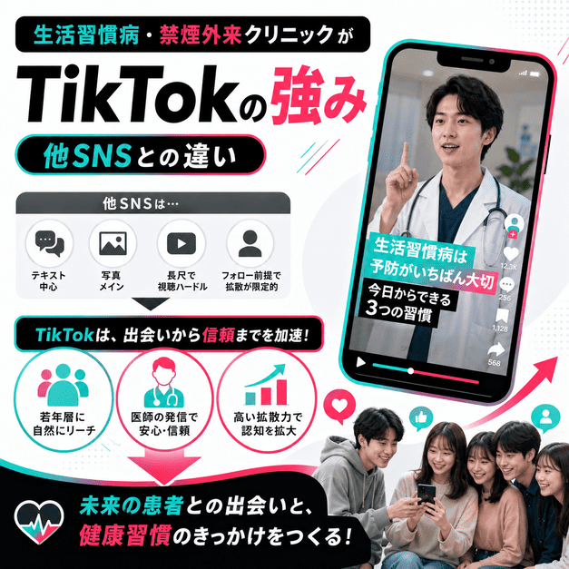 生活習慣病・禁煙外来クリニックがTikTokで若年層に予防啓発を届ける強みを示したイラスト