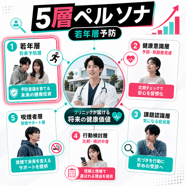 TikTok集患で成果を出すための5層ペルソナ設計と若年層への将来予防戦略を表したイラスト