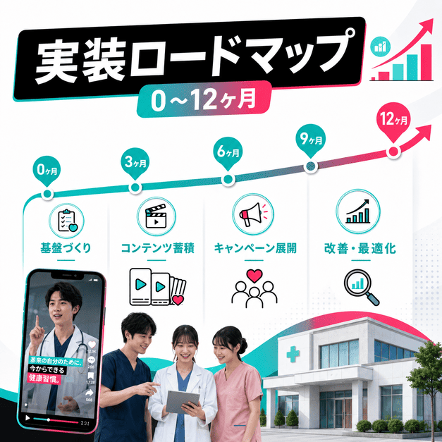TikTok集患を0から12ヶ月で段階的に実装するロードマップを示したイラスト