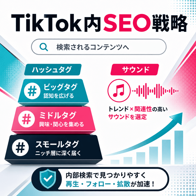 ハッシュタグ三層構造とサウンド戦略でTikTok内SEOを強化する流れを示したイラスト