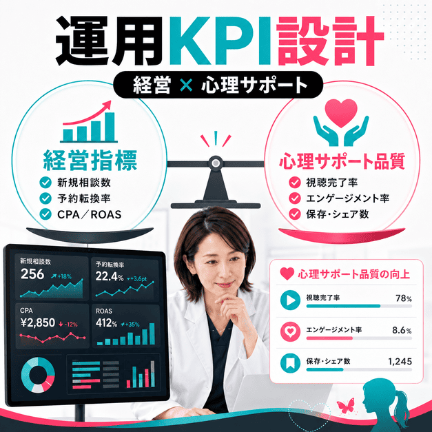 経営指標と心理サポート品質を両輪で管理するTikTok運用KPIダッシュボードのイラスト